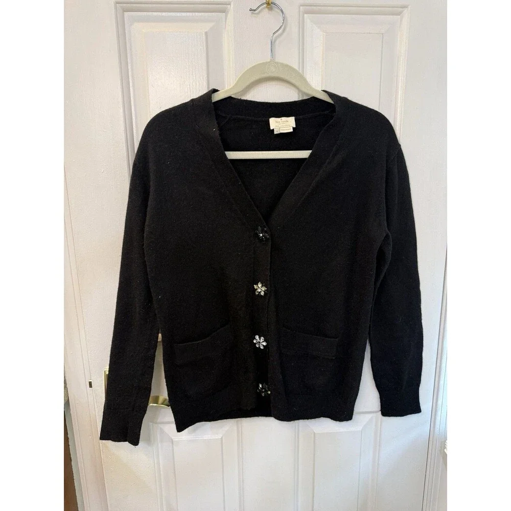 Kate Spade New York Black Cardigan Sweater Jeweled Floral Buttons Size S